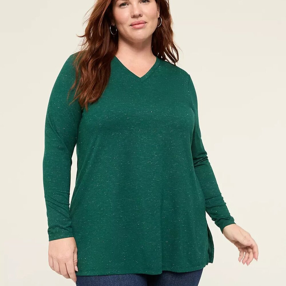 Lane Bryant Dark Green Shimmer V-Neck Tunic Tee in Size 18/20